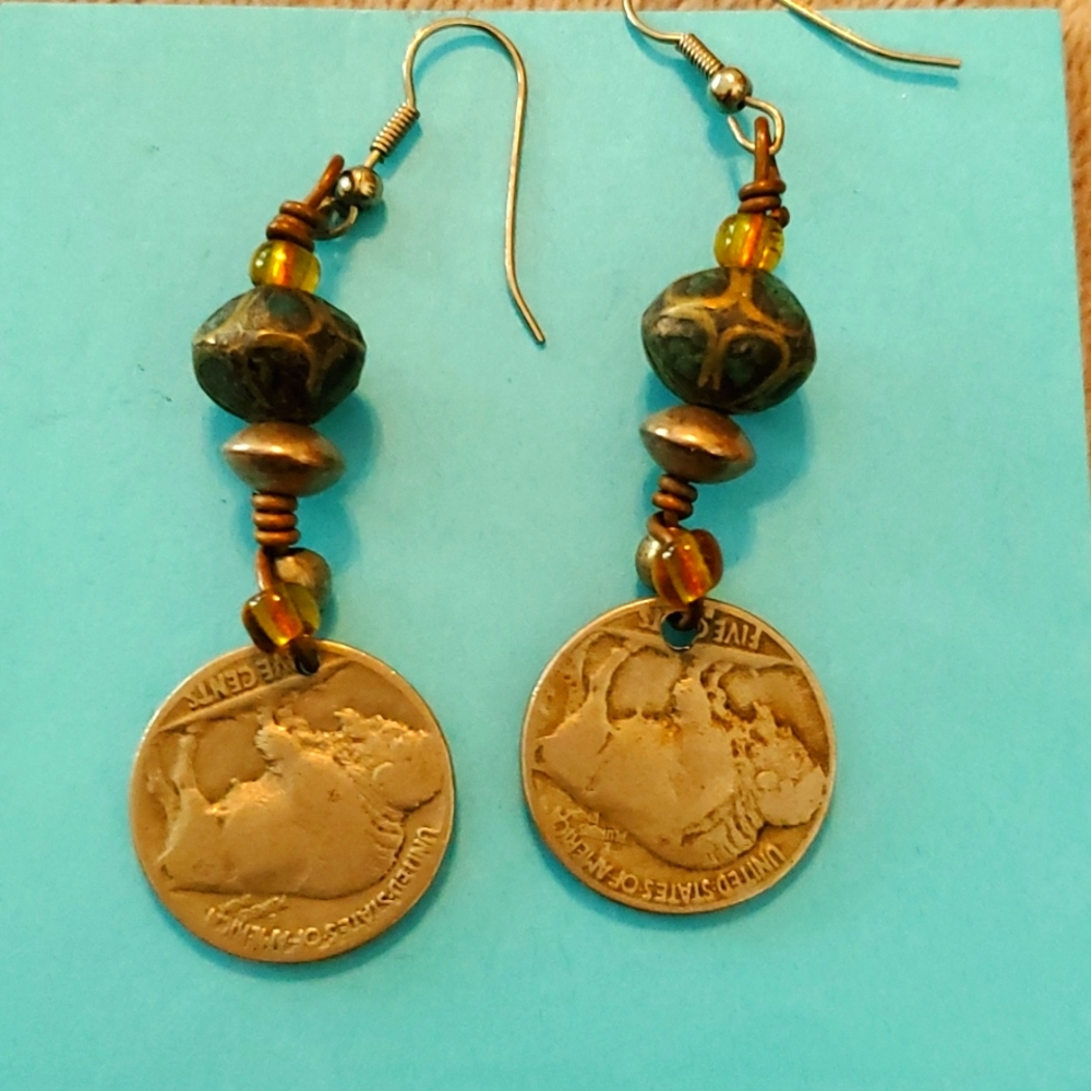 Vintage Buffalo Nickel handmade bead earrings